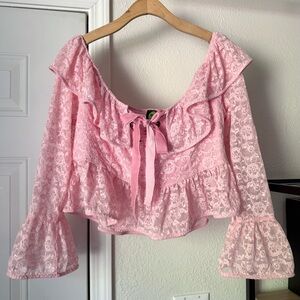 TUNNEL VISION pink knit lace ruffle off shoulder long bell sleeve cropped blouse